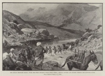 De Opstand aan de Indiase Grens, met de Eerste Divisie Tirah Veldmacht, Bengal Sappers en Miners die de Mastura Rivier doorwaden